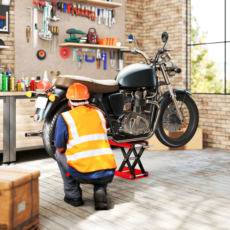 image 1 of DURHAND 500KG Motorcycle Lift Scissor Jack, Height Adjustable Motorbike Stand with Anti-Slip Wide Deck, Heavy Duty Steel Motorbike Repair Lift Hoist Stand for Home Garage, Red