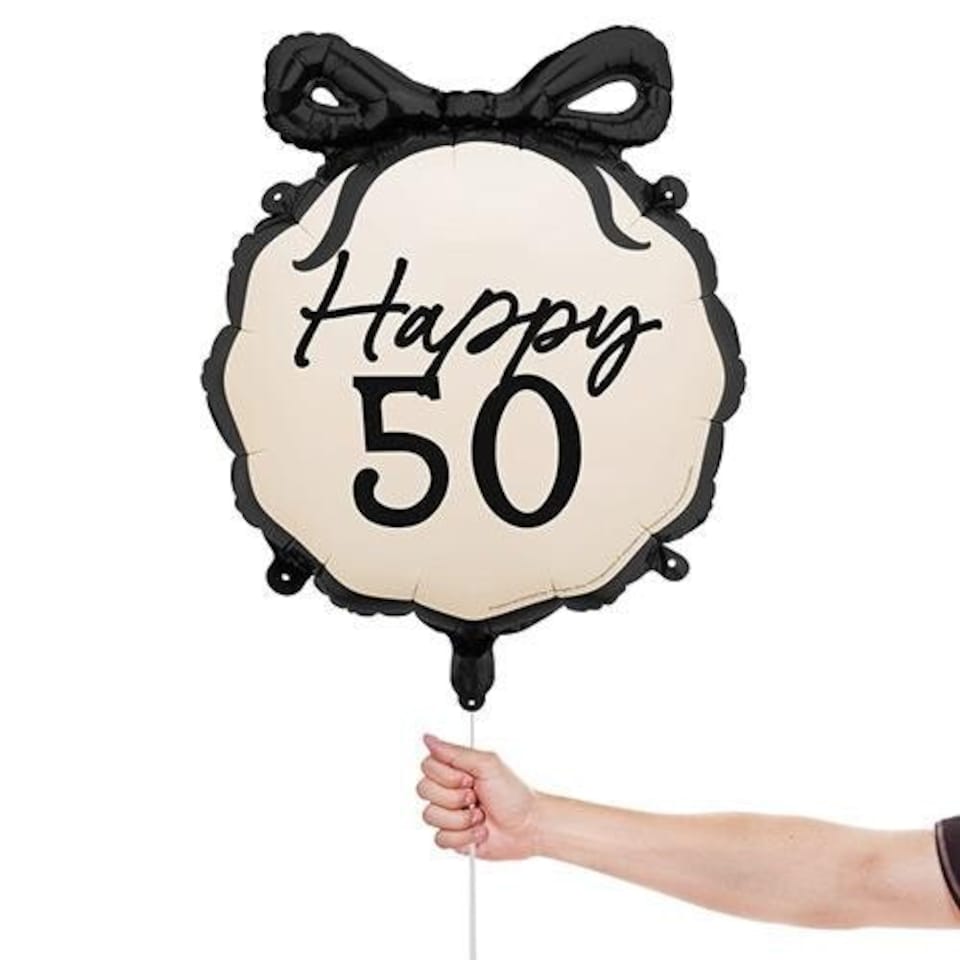 image 1 of Happy 50th Birthday Black Bow Cream Elegant Milestone Round Foil Helium Balloon 48cm / 19 in | Black