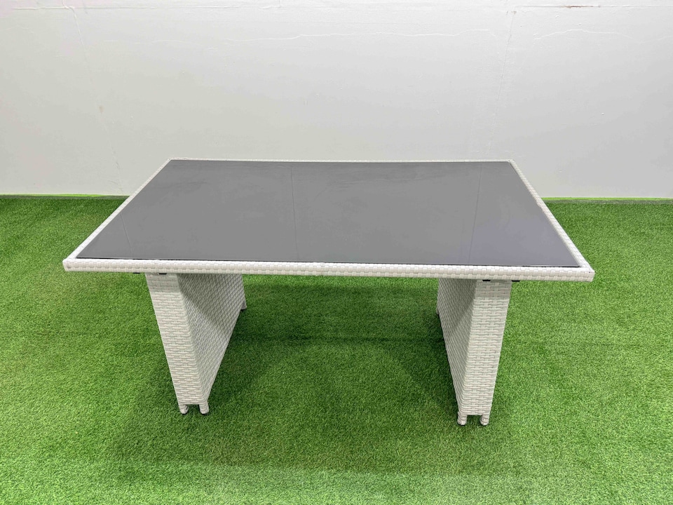 image 1 of Fimous Patio Outdoor Garden Furniture Sets with Black Glass Top Dining Table 3 Seater Sofa 2 Small Stool Light Grey