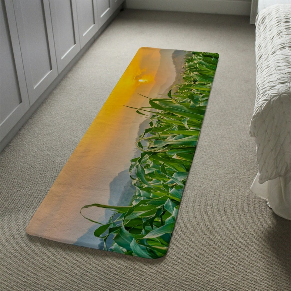 image 1 of green corn field in agricultural garden and light shines sunset Designer (Runner Rug)