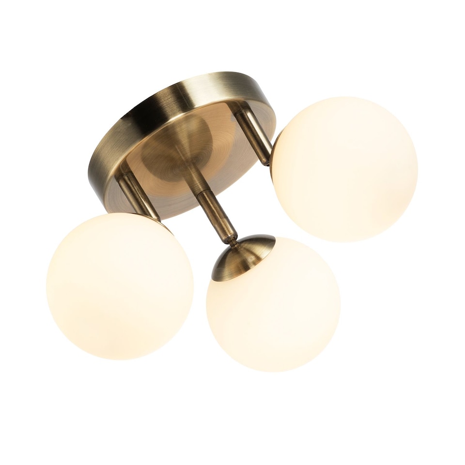 image 1 of Modern Triple Opal Glass Globe IP44 Rated Bathroom Antique Brass Ceiling Light | Gold