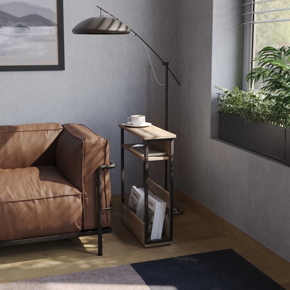 image 1 of 3 Tier Slim Coffee Side Table Newspaper Magazine Shelf Rack Bedside Sofa End | Brown | Oak | H-62.5cm | 1