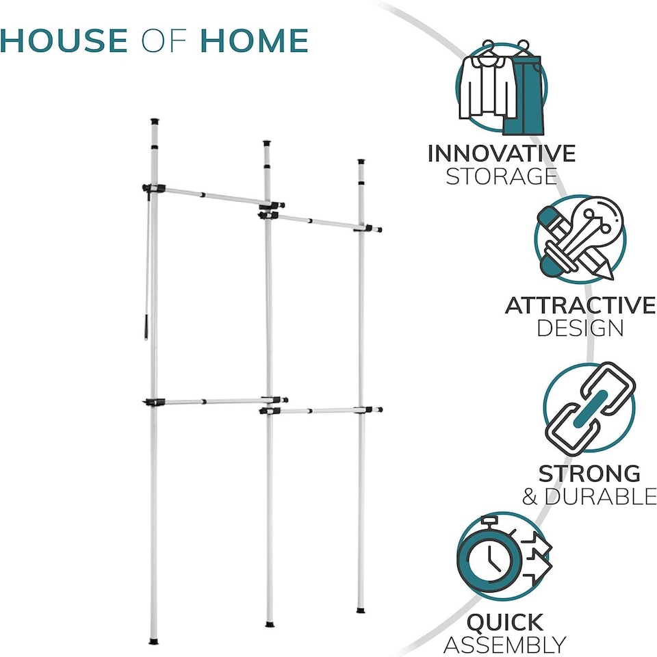 image 1 of House of Home Telescopic Clothes Rail Double Wardrobe Hanging Rack Adjustable Storage Black