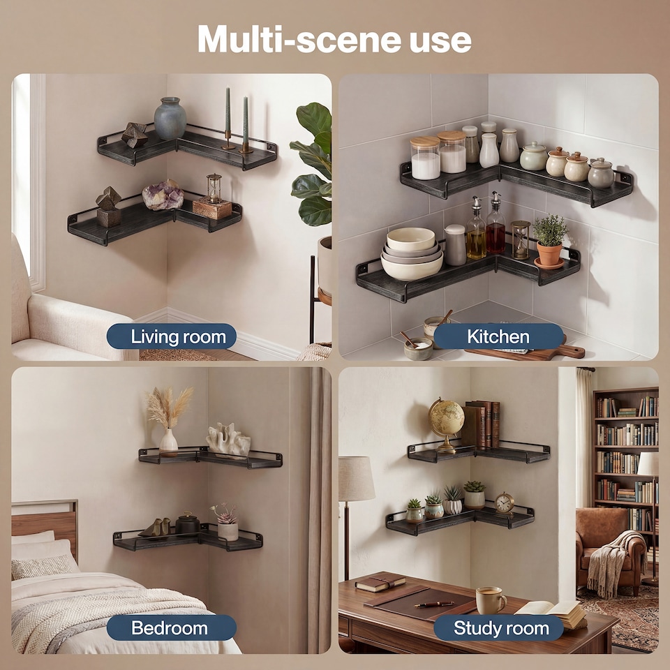 image 1 of Levede Floating Shelves Set of 2 L-Shaped Corner Shelves Wall Mounted Black