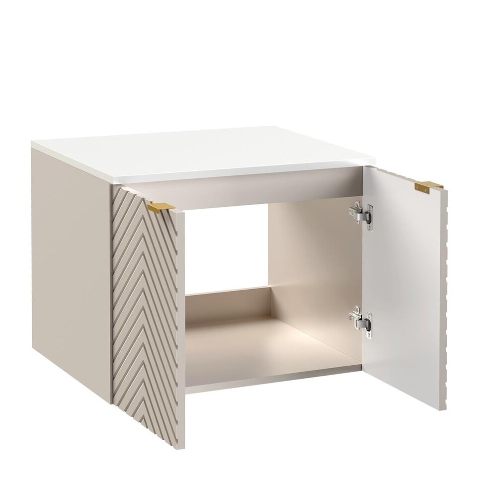 image 1 of Wall Hung Vanity Unit 600mm Bathroom Cabinet Ribbed Beige White Countertop Cara