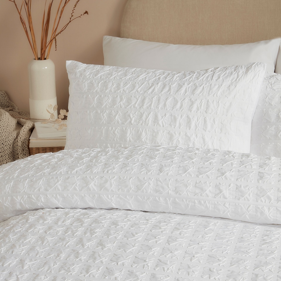 image 1 of Serene Embossed Grid Duvet Cover Set White