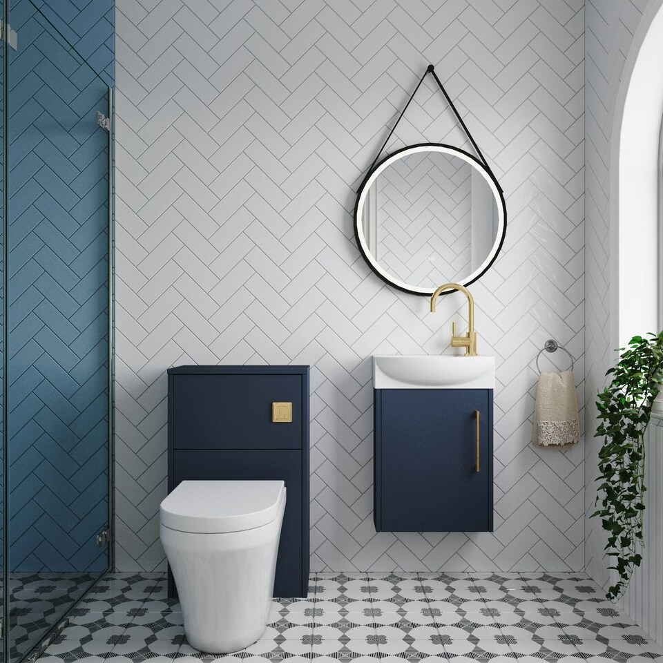 image 1 of Power Cloakroom Bundle - Left Wall Hung Vanity Unit, Concealed Cistern WC Unit, Toilet & Tap, 440mm - Blue/Brass - Balterley Grey
