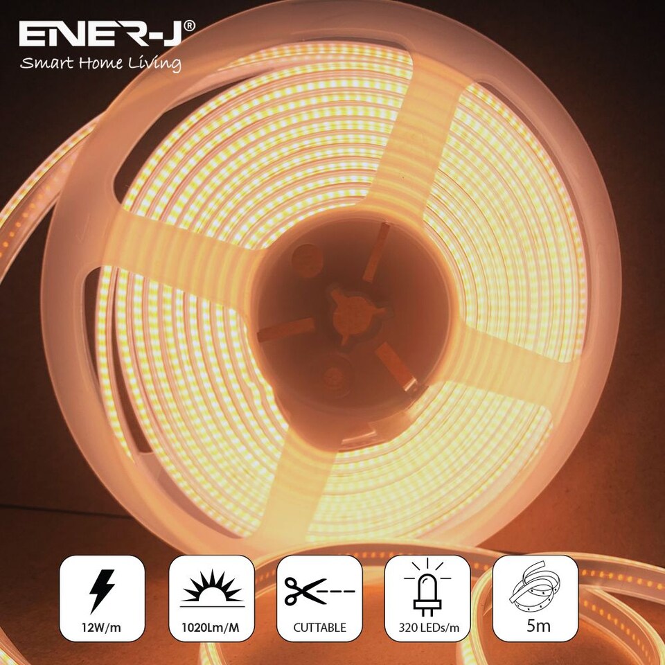 image 1 of 24V COB LED Strip Lights with 320 LEDs M, 10W M, 1020lm M, CRI 90-92, 30m Roll, 3000K, IP65