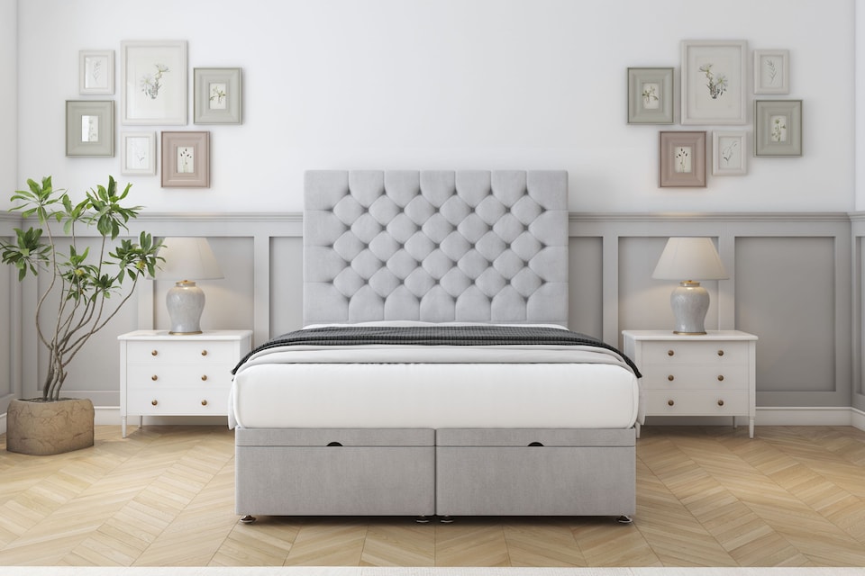 image 1 of Sloomy Mayfair Silver Naples Ottoman Bed With Mattress With 54" Floor Standing Headboard 4' Small Double