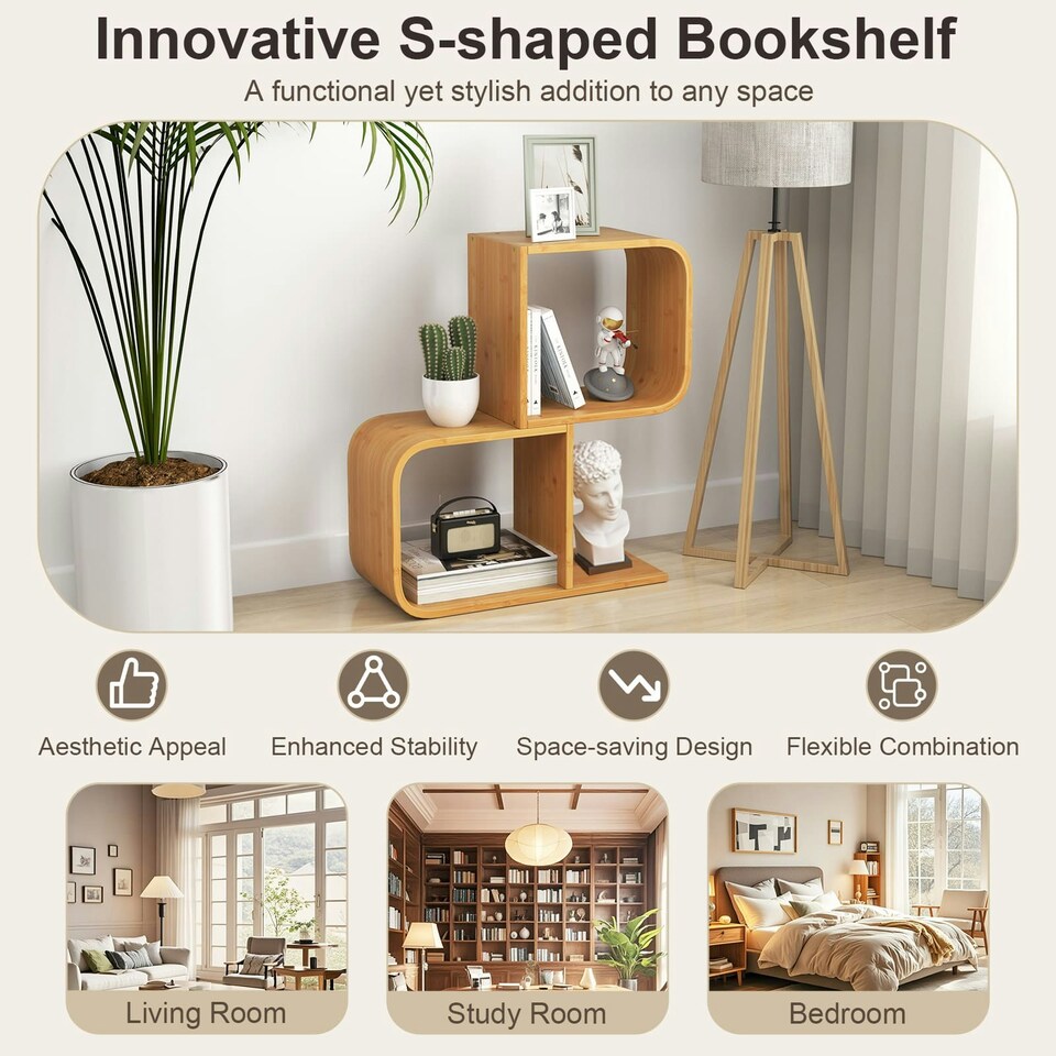image 1 of COSTWAY 2-Tier S-Shaped Bookcase Bamboo Bookshelf Brown