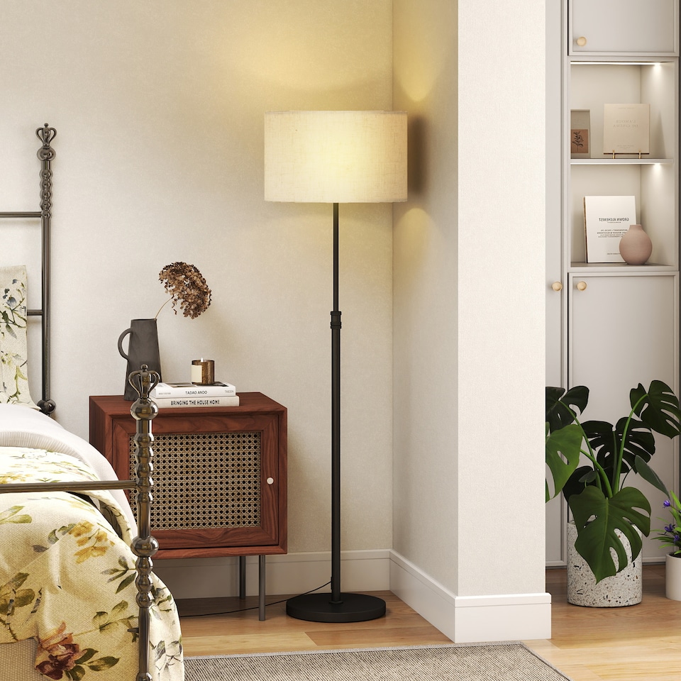 image 1 of HOMCOM Floor Lamp with Remote, Height Adjustable Standing Lamp with Linen Shade, Dimmable with 3000K-6000K Adjustable Colour Temperatures, Foot Switch for Living Room Bedroom Office, Black | Black