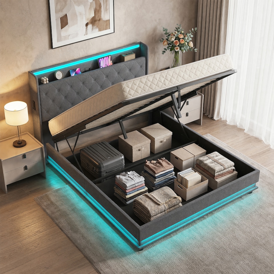 image 1 of HOMCOM Lift up Storage Bed Frame with RGB LED Lights, 150 x 200cm, Dark Grey