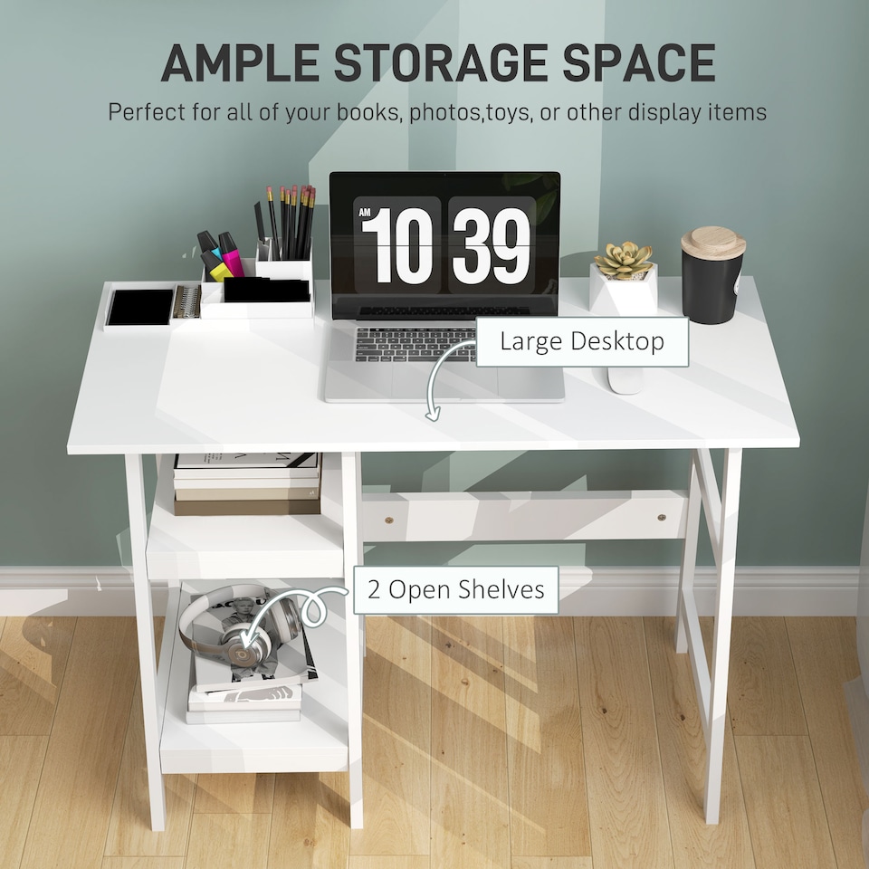image 1 of HOMCOM Compact Computer Desk with Storage Shelves, Study Table with Bookshelf, PC Table Workstation for Home Office, Study, Easy Assembly, 106 x 51cm, White | White