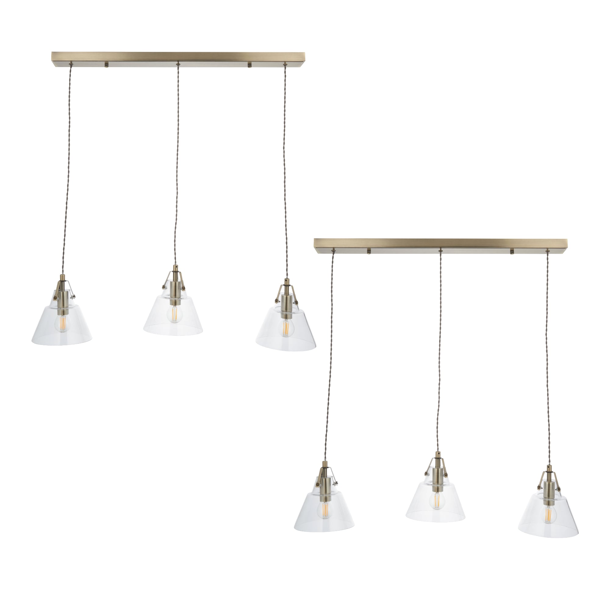 First Choice Lighting Set of 2 Rushcombe - Antique Brass with Glass 3 Light Bar Pendants in Bronze