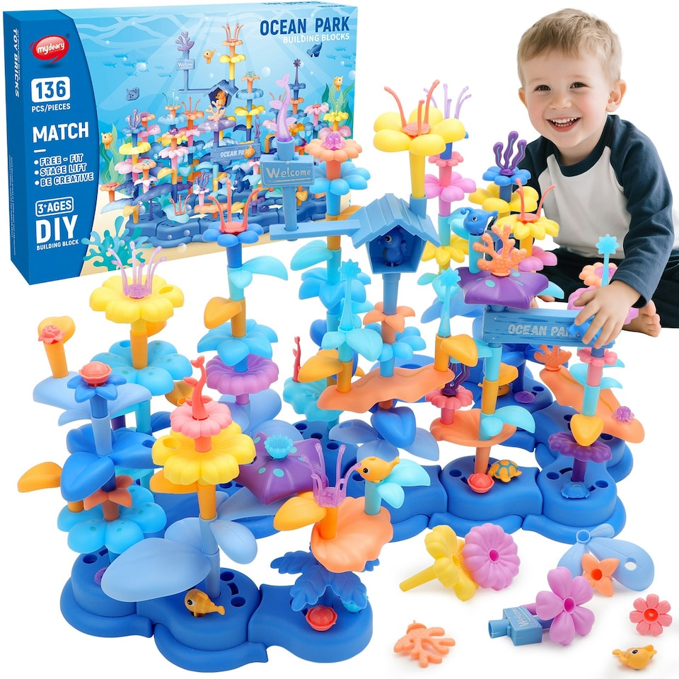 image 1 of 2 in 1 Ocean World and Flower Garden Building Toys 136 PCS STEM Construction Set for Kids