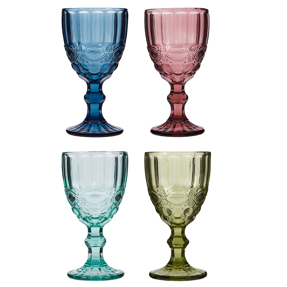 image 1 of Set of 4 Mix Match Embossed Palazzo Coloured Glass Wedding Decor Glassware Wine Goblets 350ml