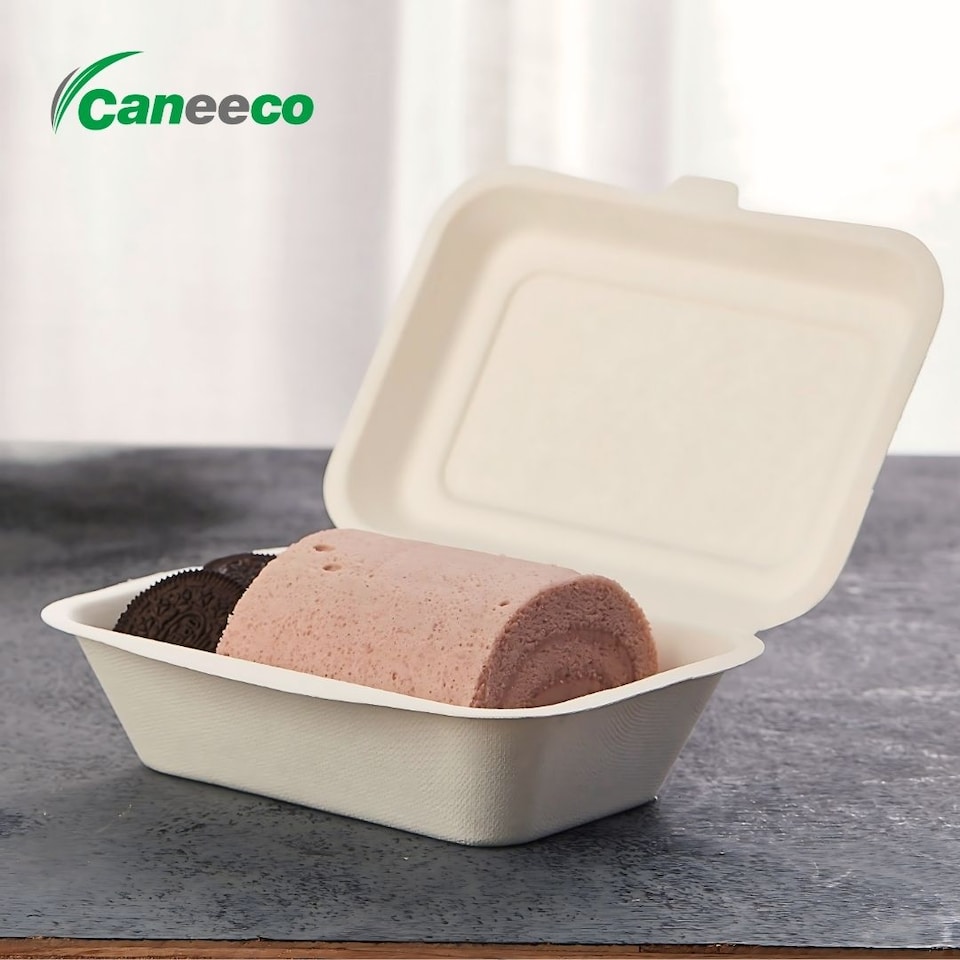 image 1 of Bagasse Sugarcane Takeaway Boxes 7x5 Clamshell Containers, PFAS Free, TUV Home Compostable Certified Food Boxes for Hot & Cold Meals, Restaurants, Parties & Catering