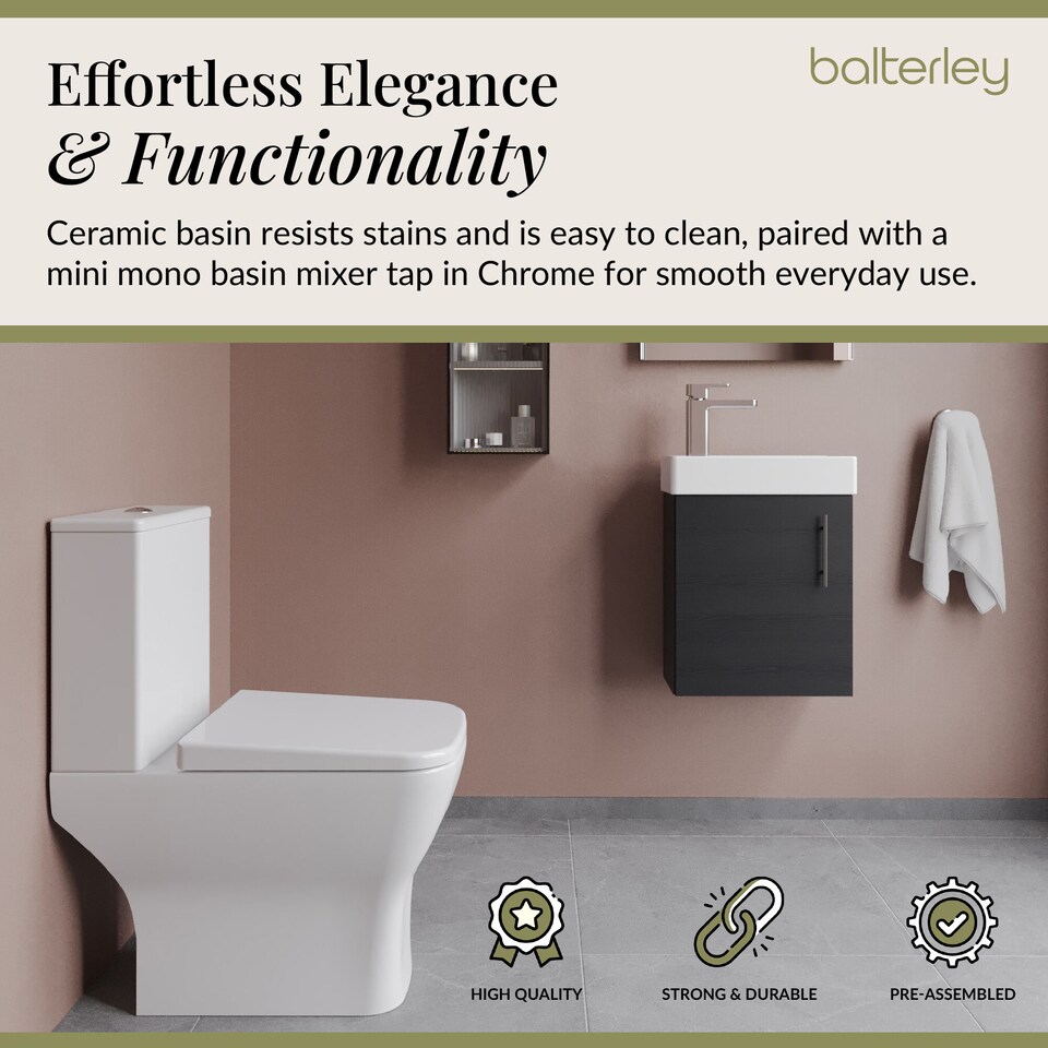 image 1 of Balterley Saint Cloakroom Set - Wall Hung Vanity Basin Unit, Toilet Pan, Cistern, Seat & Mini Basin Tap - Balterley | Grey | Black Woodgrain | 520.0000 x 405.0000 x 222.0000mm