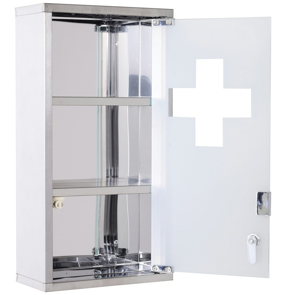 image 1 of HOMCOM Wall Mounted Medicine Cabinet First Aid Box Glass Door Lockable 3 Shelves Silver