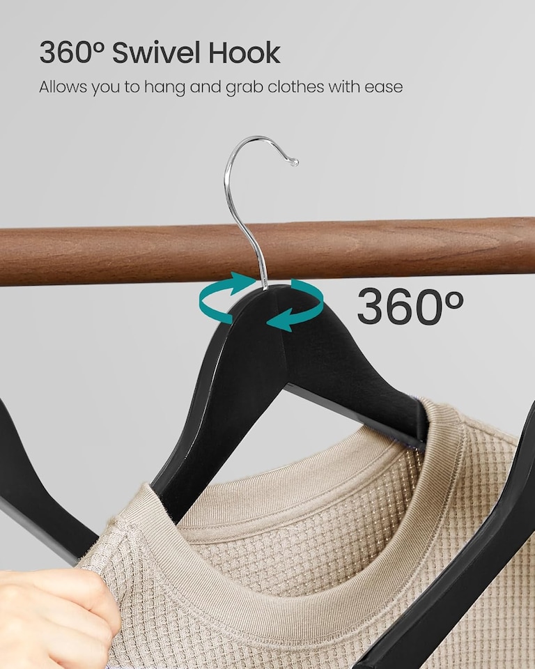 image 1 of Set of 20 Wooden Clothes Hangers with Non-Slip Trouser Bar and Rotating Hooks, Black and Silver