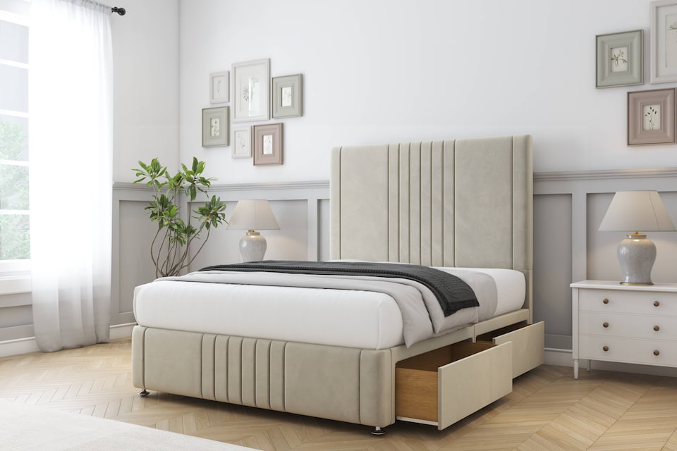 image 1 of Sloomy Harrington Cream Plush Divan Bed With Mattress 2 Drawers Left Side With 26" Strutted Headboard & 12" Matching Footboard 5' King | Cream | Cream | King | 1