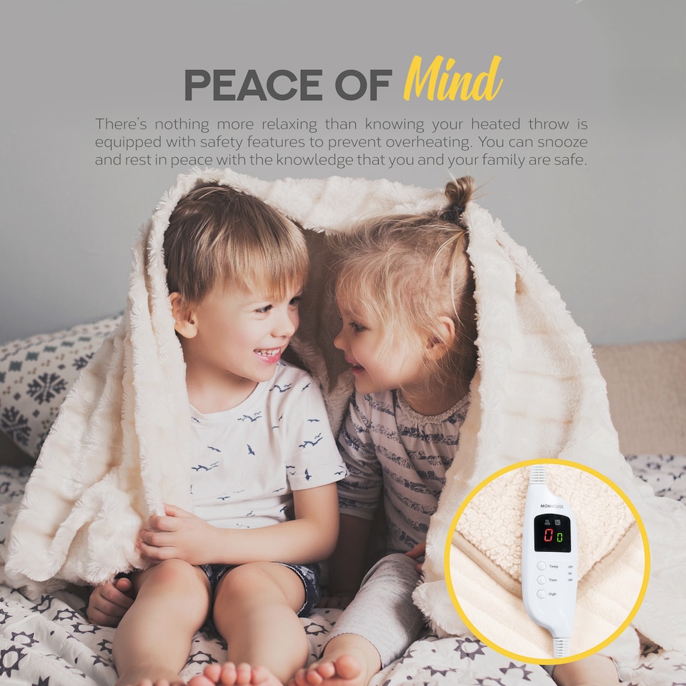 image 1 of Monhouse Heated Throw - Electric Blanket - Digital Controller - 9H Timer, 9 Heat Settings, Auto Shutoff - Single 130X160Cm | Cream | Beige Shearling | 1