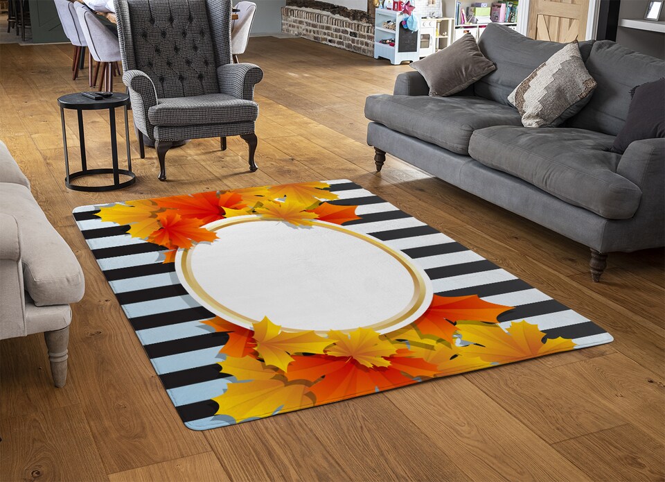 image 1 of Orange & Red Autumn Leaves On Black Stripes Rug | Multi