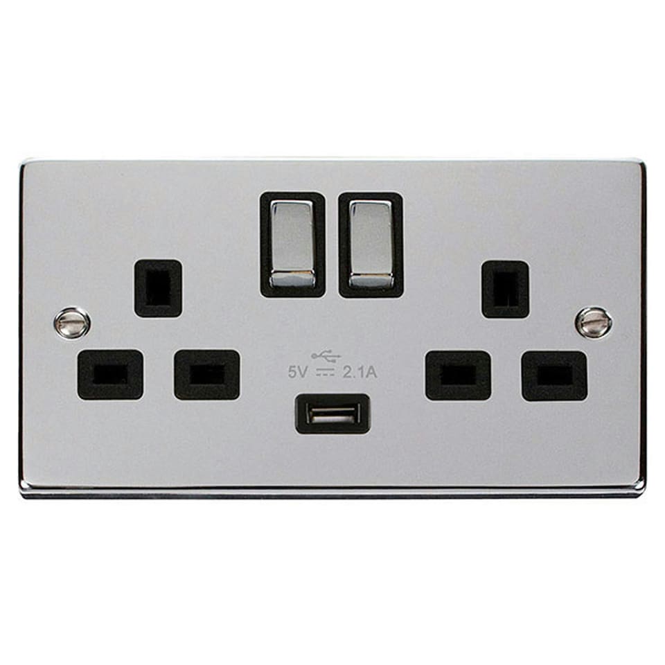 image 1 of SE HOME Polished Chrome 2 Gang 13A DP Ingot 1 USB Twin Double Switched Plug Socket Black | Polished Chrome