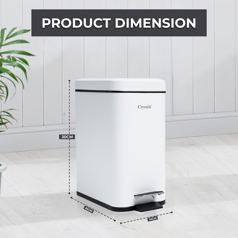 image 1 of 5L BATHROOM SLIM KITCHEN PEDAL RECTANGULAR BIN WASTE WITH SOFT CLOSING LID WHITE | White