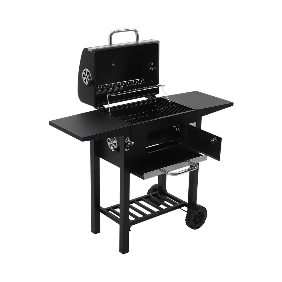 image 1 of Living and Home Outdoor Charcoal Grill with Side Tables - Black