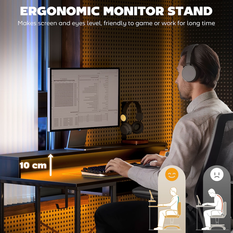 image 1 of HOMCOM Computer Desk with LED Lights and Power Outlets, 120 x 55 cm Gaming Desk with Monitor Stand, Sliding Keyboard Tray and Storage Shelves for Home Office, Black | Black