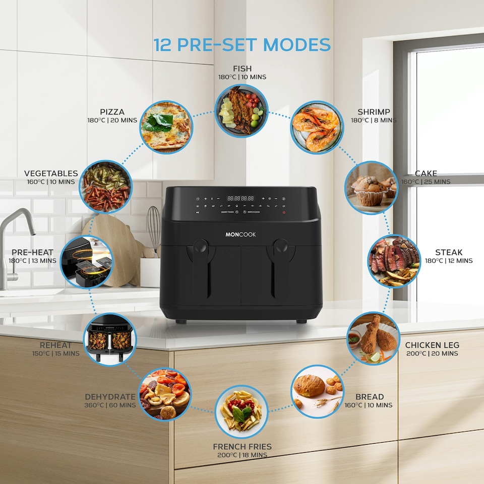 image 1 of MONCOOK Dual Air Fryer - 12 In 1 Dual Airfryer 9L With 2 x 4.5L Baskets - 50 Recipe Cookbook - Digital LED Display Airfryer