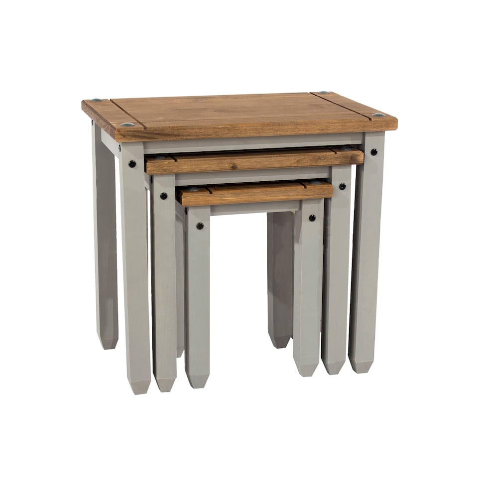 image 1 of Corona Set of 3 Solid Pine Nesting Tables - Sturdy Rustic Side Tables with Chunky Tops | Grey | Grey Wax | Small, Medium & Large | 3