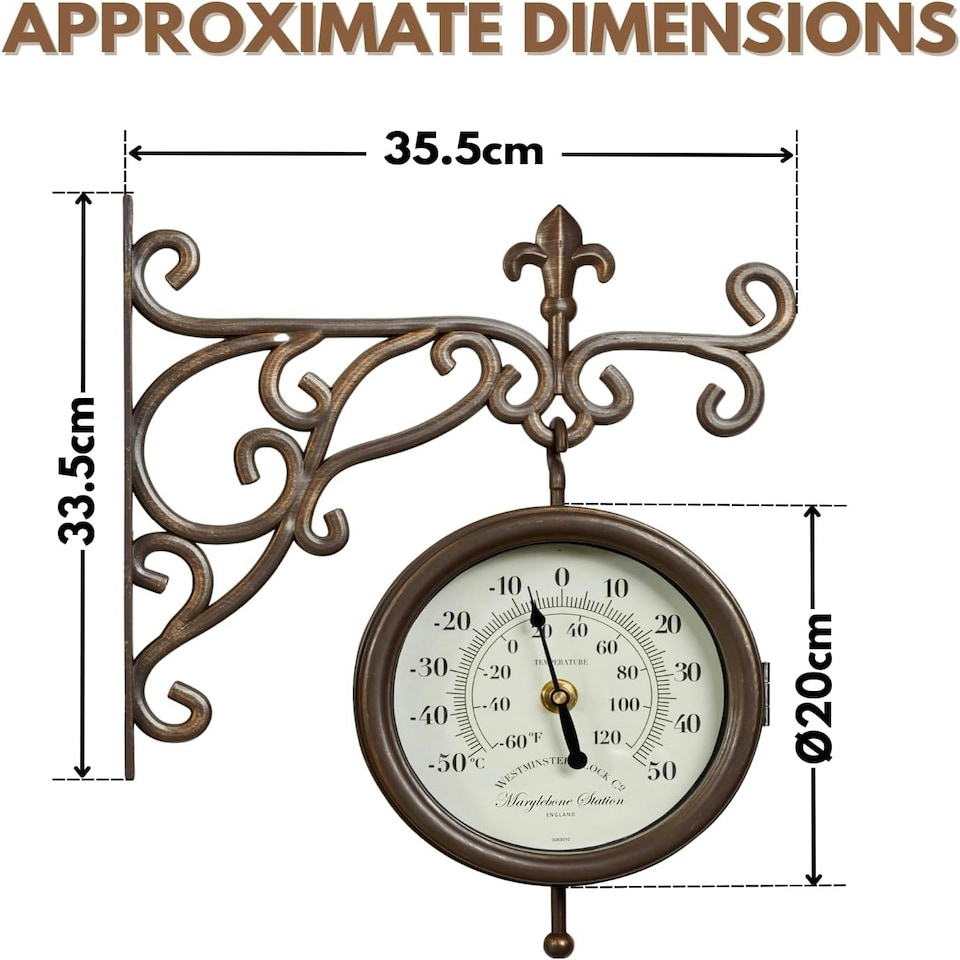 image 1 of Marco Paul 32cm Double Sided Outdoor Station Wall Clock and Thermometer Brown
