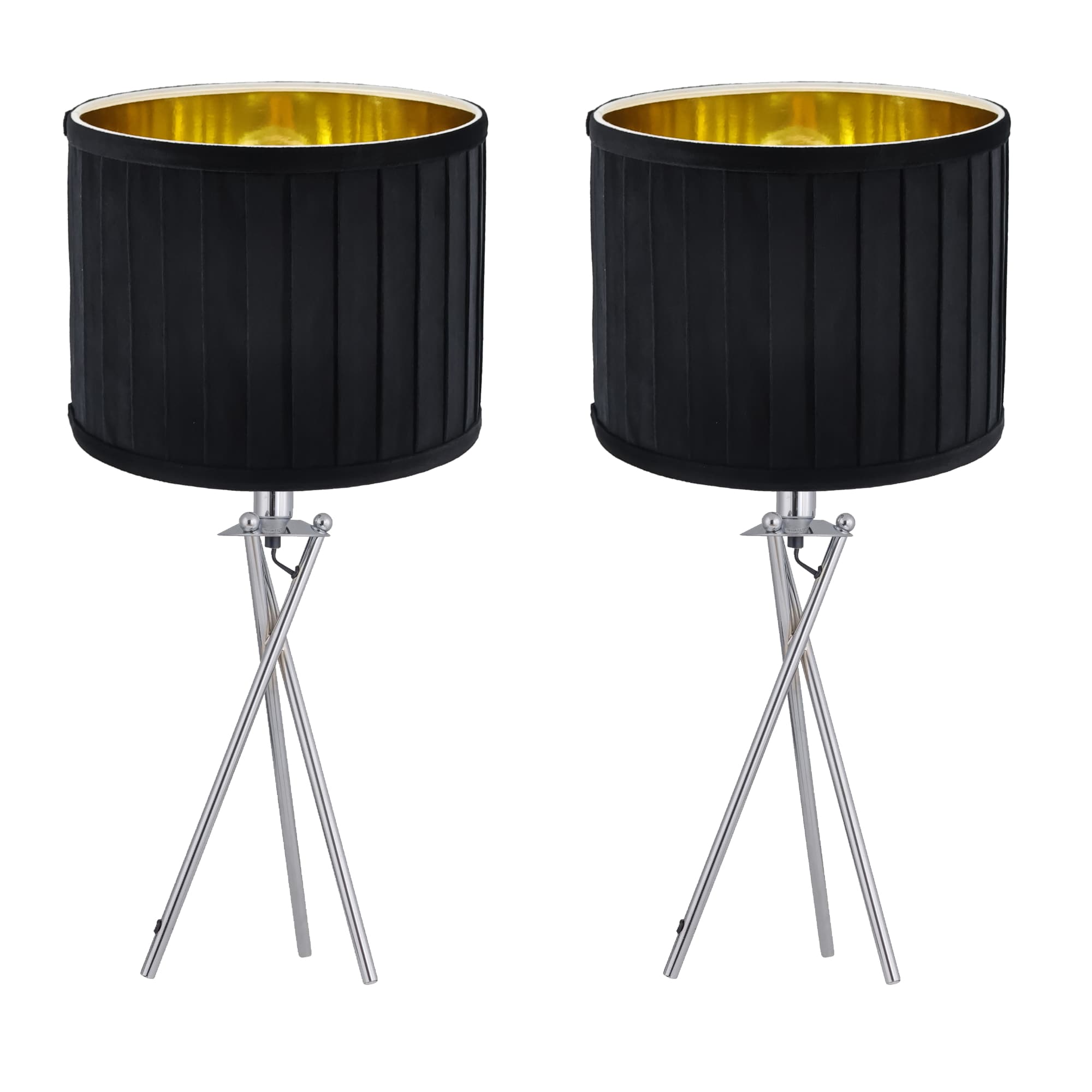 Set of 2 Sundance - Chrome Tripod Table Lamps with Black Pleat Shades Chrome Polished chrome plate and black velvet with gold cardboard inner detail 2