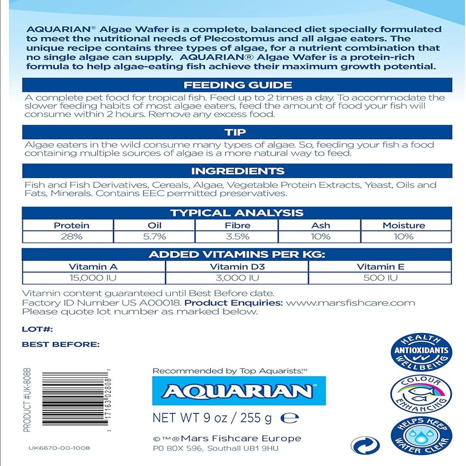 image 1 of AQUARIAN Complete Nutrition, Aquarium Algae Eater Fish Food, Sinking Algae Wafers, 255g Bag