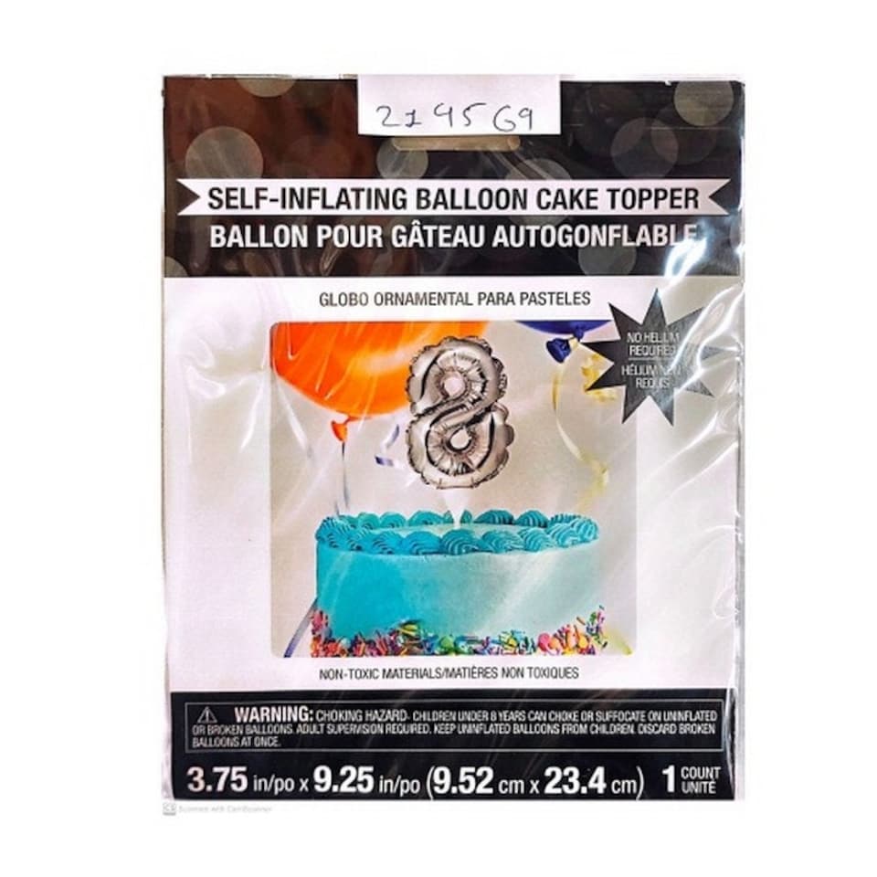 Number 8 Self-Inflating Balloon Cake Topper - Silver - One Size