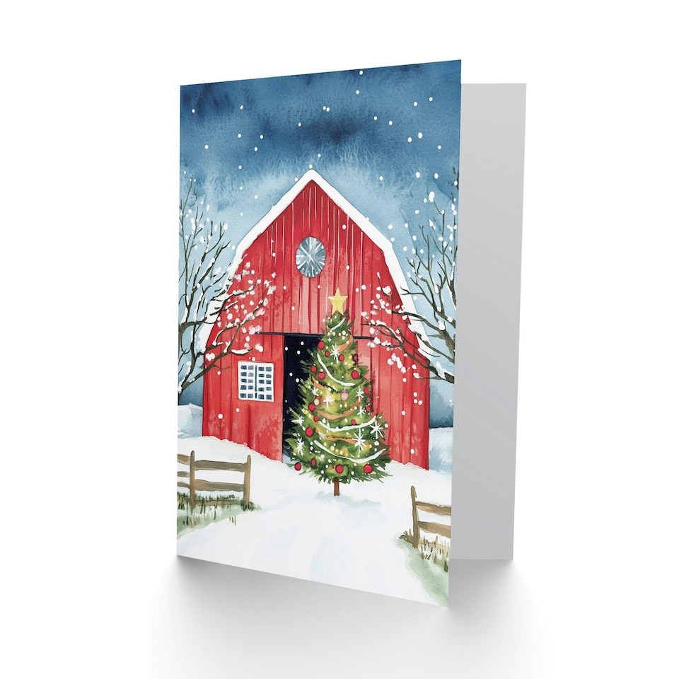 image 1 of Barn Decorated Tree Winter Landscape Blank For Him Or Her Art Xmas Festive Christmas Card