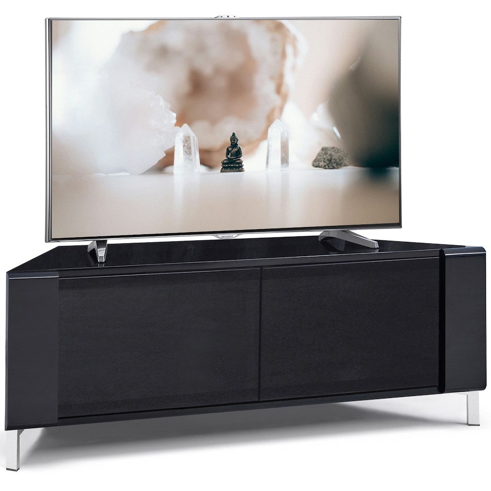 image 1 of MDA Designs CORVUS Corner-Friendly Gloss Black Contemporary Cabinet with BeamThru Glass Doors Modern Space-Saving Stand for Flat Screen TVs up to 50 Inch | Black | 1