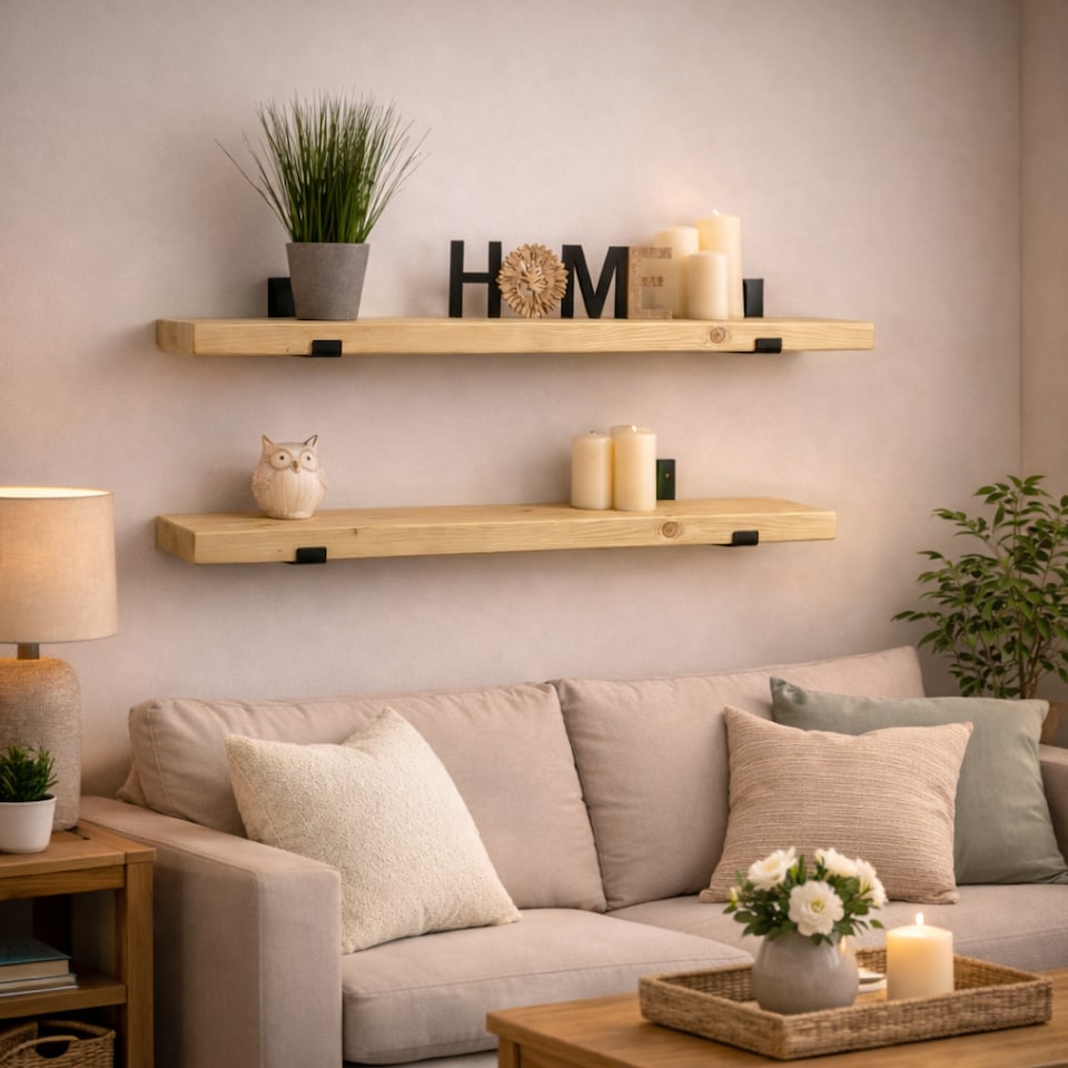 image 1 of MKGT Handmade Antique Pine Floating Wall Shelf with Steel Brackets, Solid Wood, 140 x 22 x 4.5 cm