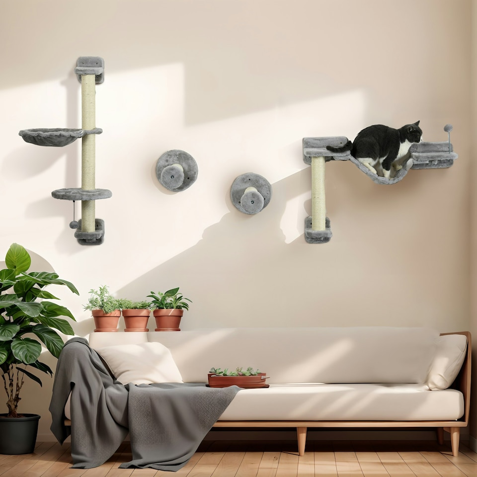 image 1 of PawHut 4Pcs Wall Mounted Cat Shelves with Hammock, Scratching Post, Grey
