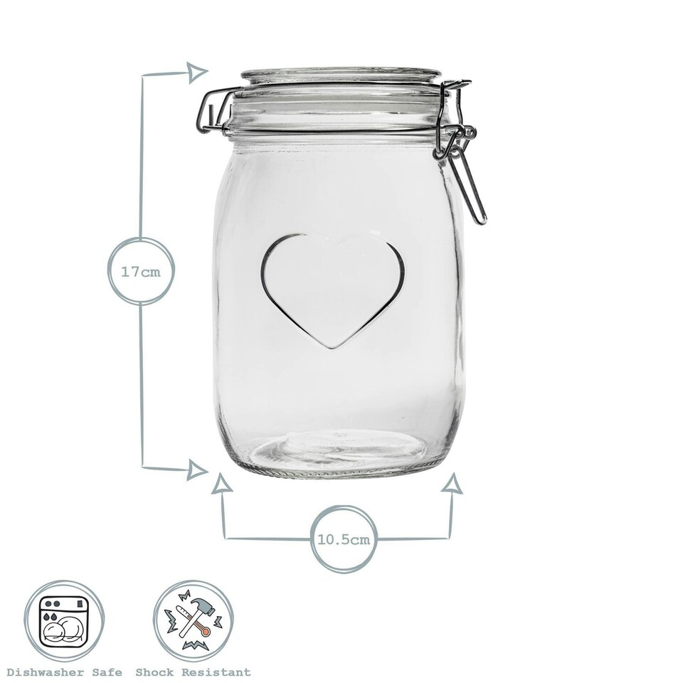 image 1 of Nicola Spring Heart Glass Storage Jars with Labels - 1 Litre - Clear Seal - Pack of 3