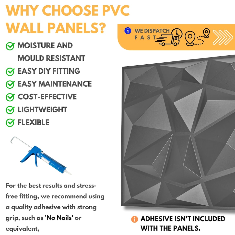 image 1 of NOVECRAFTO Decorative 3D Wall Panels (50cm x 50cm) Diamond Design PVC Cladding Panel