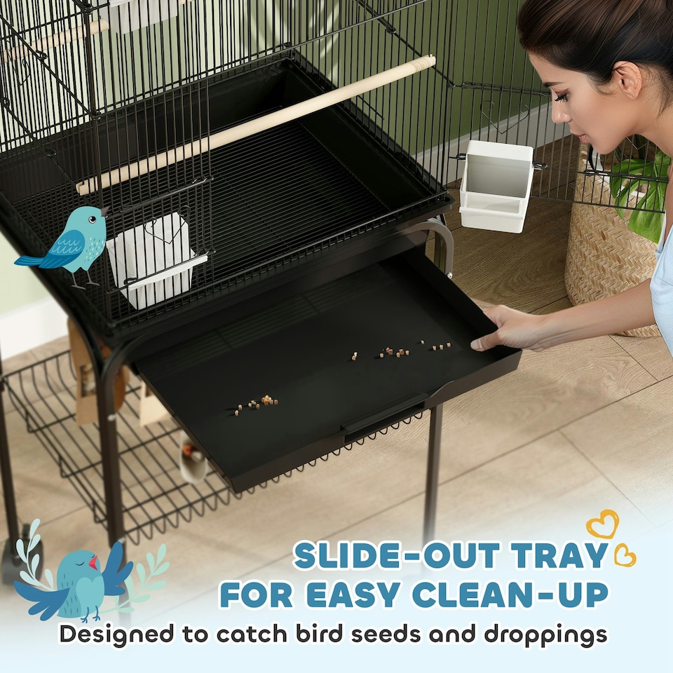 image 1 of PawHut Bird Cage Budgie Cage with Stand Slide Tray Handle for Finch Canary 43 x 32.5 x 163cm Black