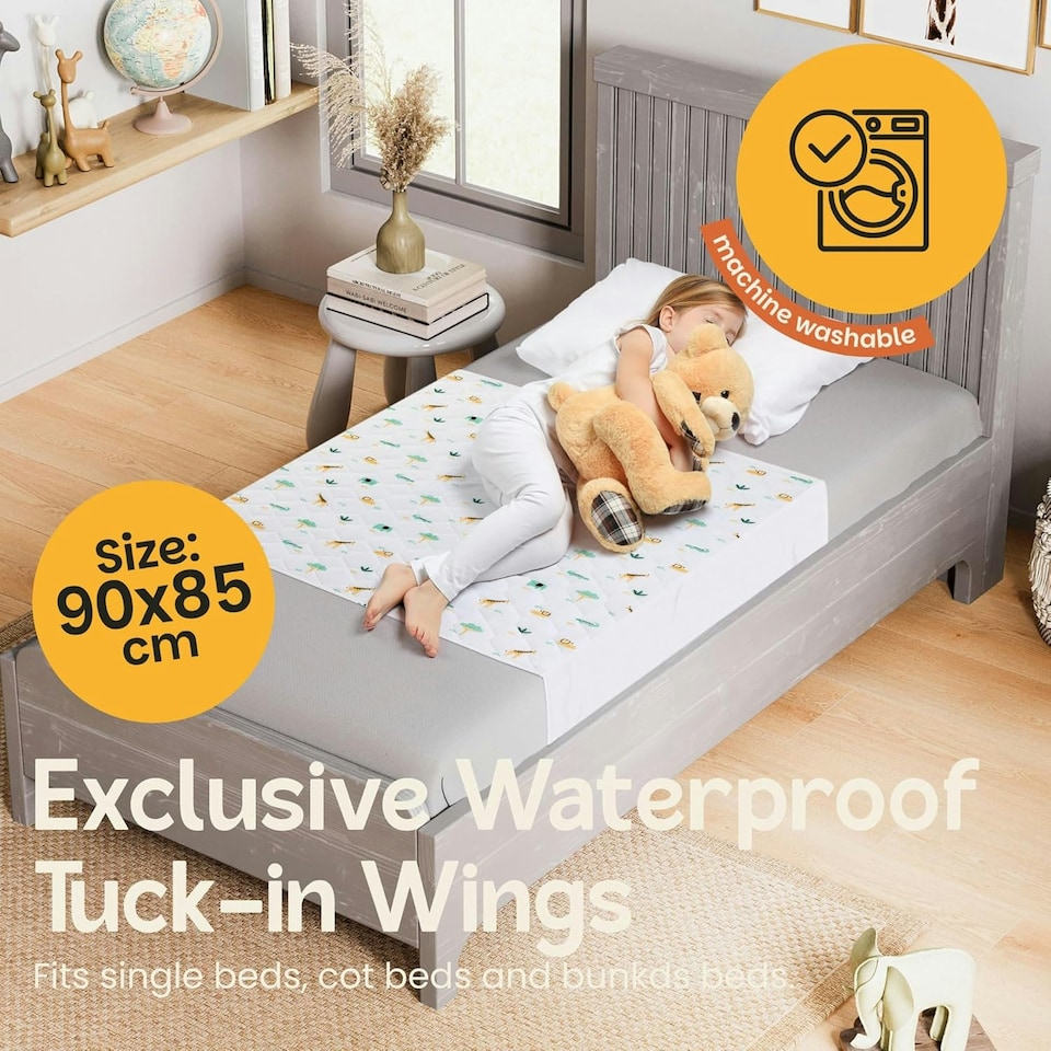image 1 of Toddler Potty Training Bed Pad with Tucks - Soft Waterproof Bedwetting Pee Protector Mat for Kids - Multi-Layer Non-Slip Washable Absorbs Up to 2000ml 90 x 85cm White | Explorer | Single