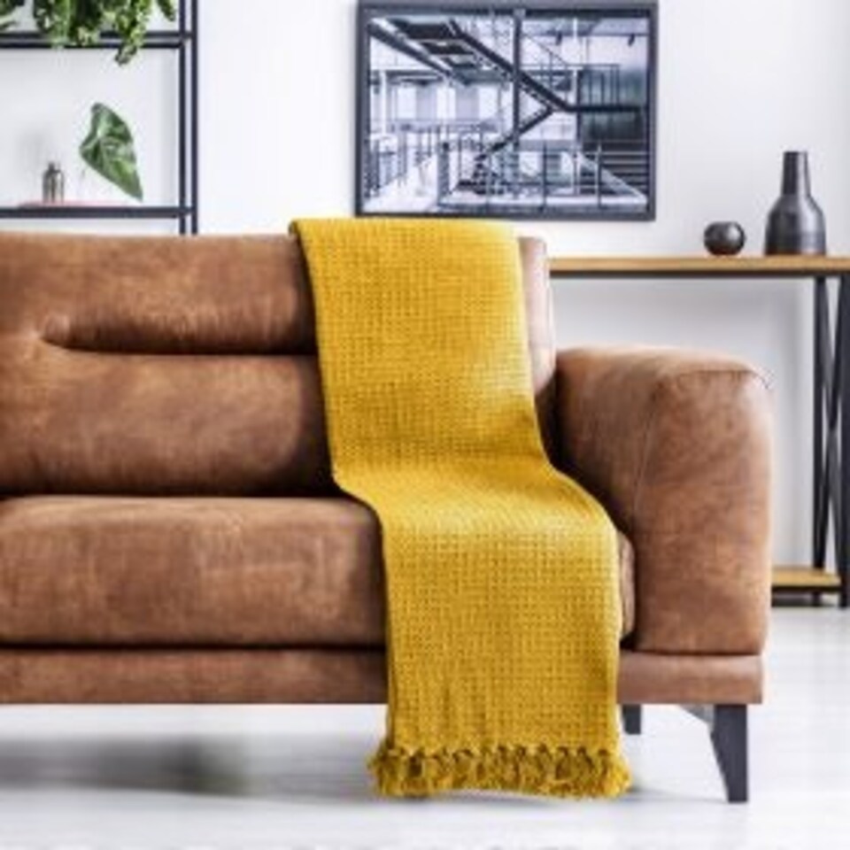 image 1 of Waffle Collection Recycled Cotton Throw in Ochre (90" x 100")