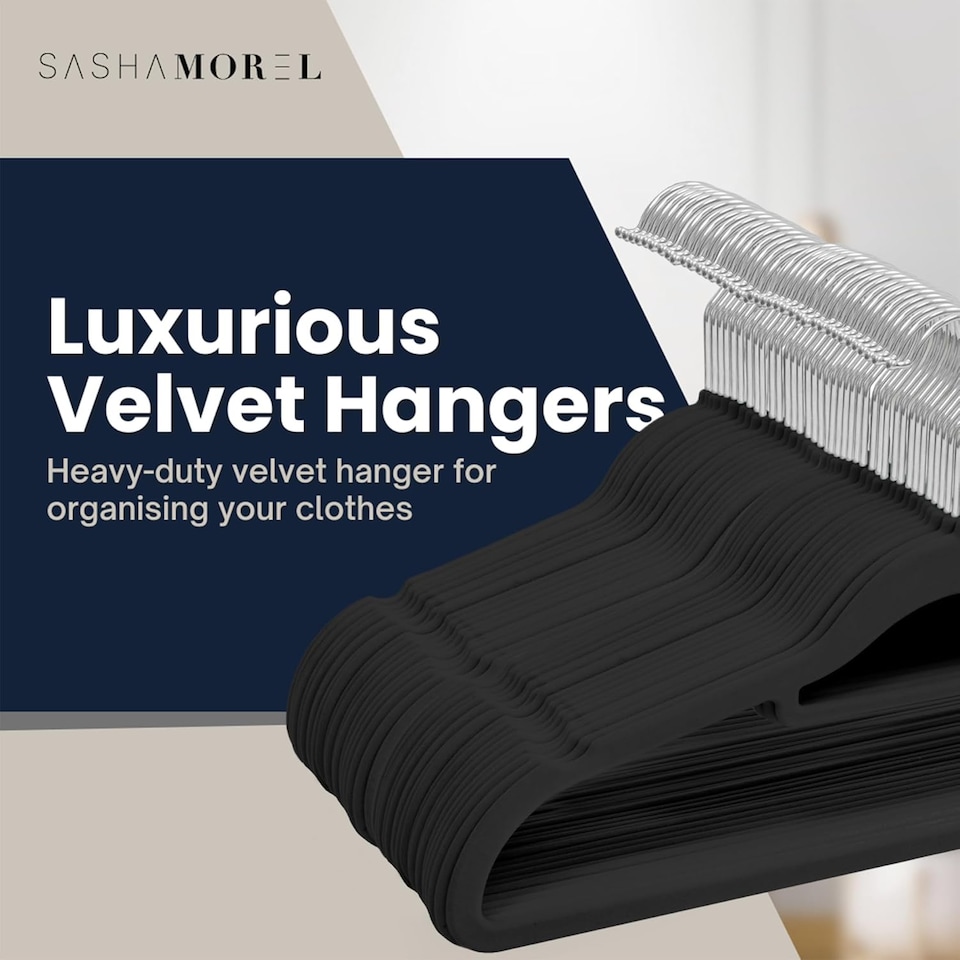 image 1 of Sasha Morel 50-Pack Black Velvet Coat Hangers, Non-Slip Space-Saving Clothes Hangers