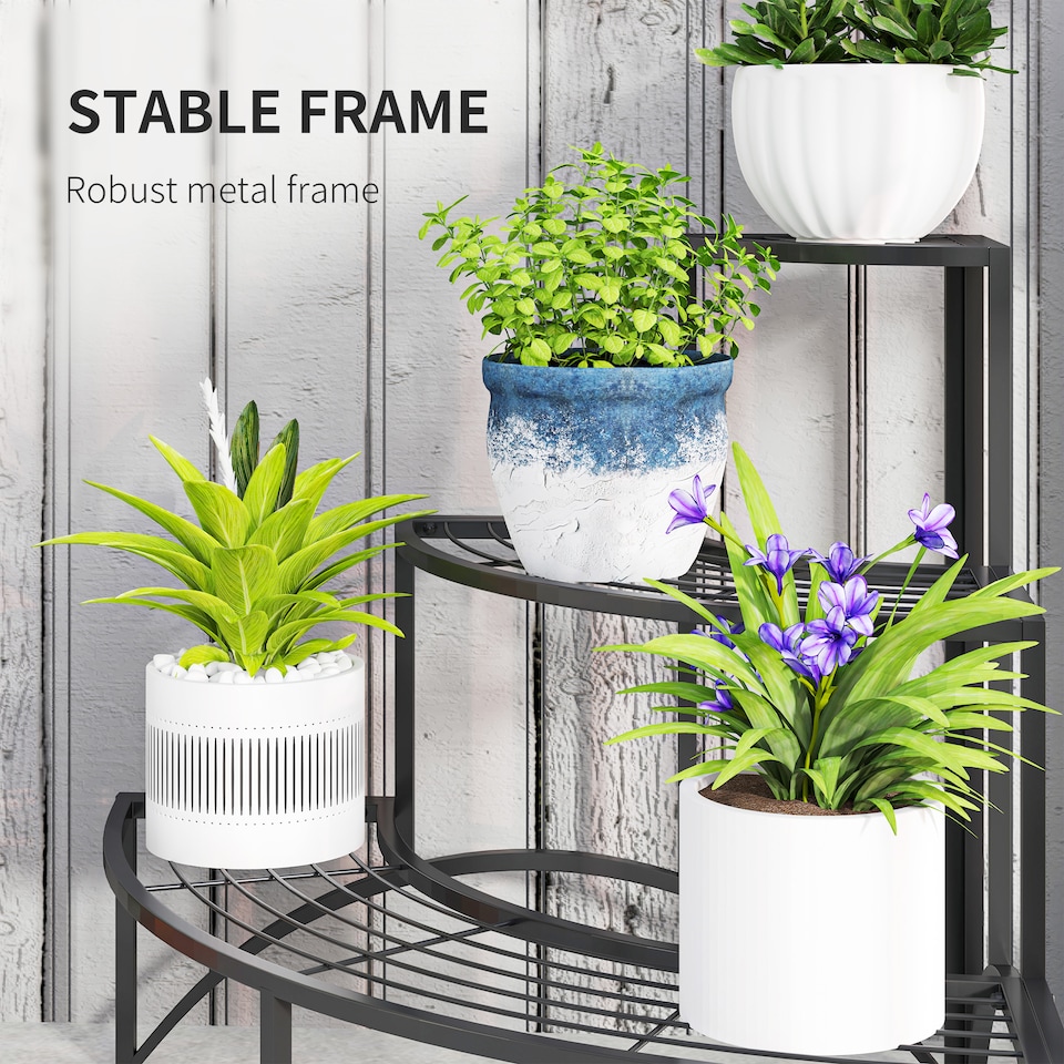 image 1 of Outsunny 3 Tier Metal Corner Plant Stand for Garden Balcony Patio, Black | Black | Black