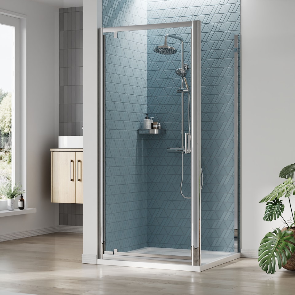 image 1 of Balterley Square Pivot Shower Suite & Safety Glass Door, Side Panel & Tray Frame with Tray | Silver | Chrome | 3