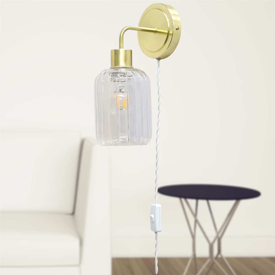 image 1 of Toby - Satin Brass Plug in Wall Light with Lozenge Ribbed Glass Shade